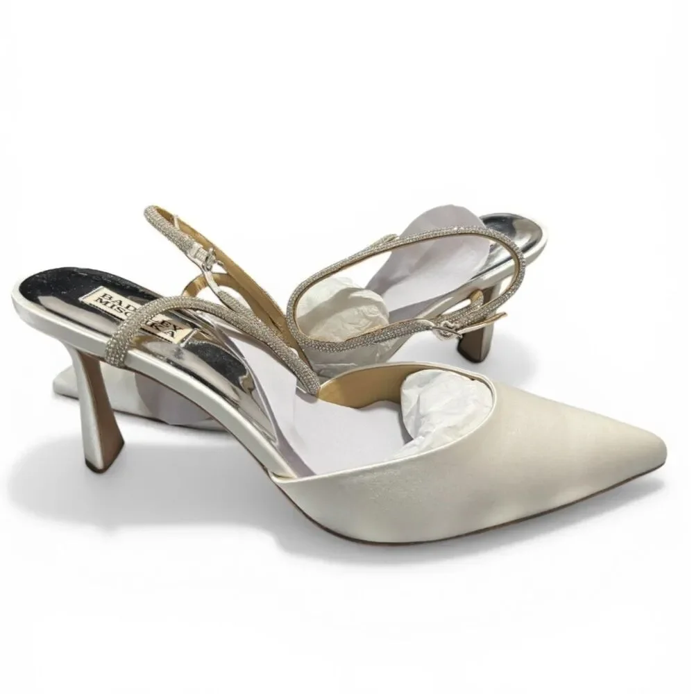 Badgley Mischka Kamilah Crystal Slingback Bridal Heels Sz 11 Ivory Satin Wedding - Picture 2 of 6